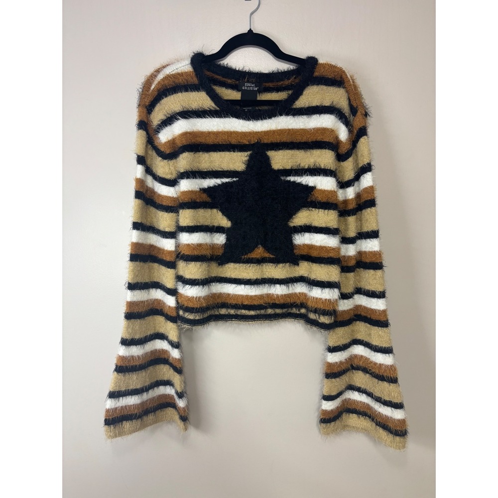 Social Collision Striped Fuzzy Cropped Bell Sleeve Sweater XL‎